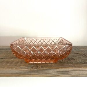 Vintage Anchor Hocking Waterford Pink/Peach Square Candy Dish Diamond Pattern